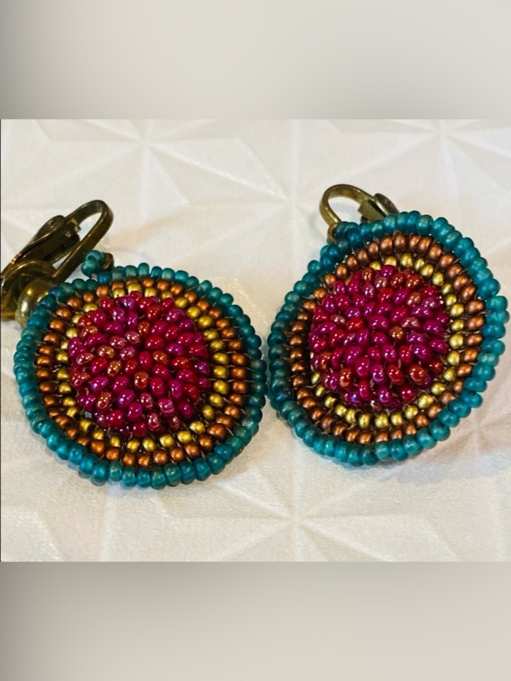 Boho Beaded Statement Earrings Pink Gold Teal Clip-On Festival Jewelry